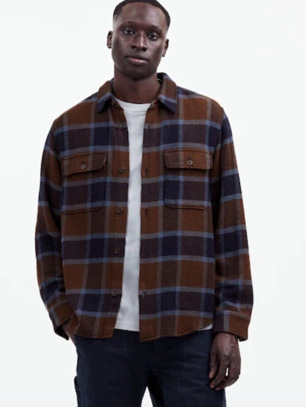 Madewell Men's Navy & Brown Broken Plaid Twill Easy Shirt-Jacket - Size - Large
